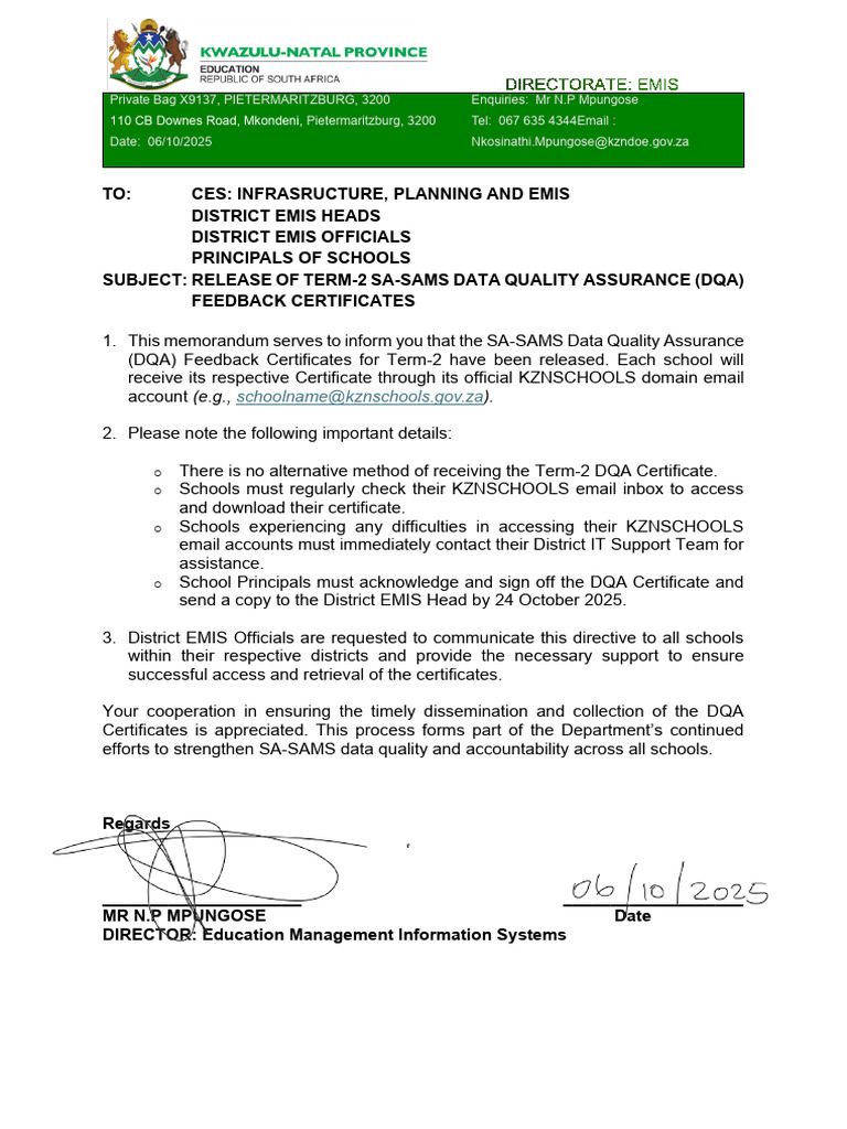 Term-2 SA-SAMS DQA Certificates Released | PDF