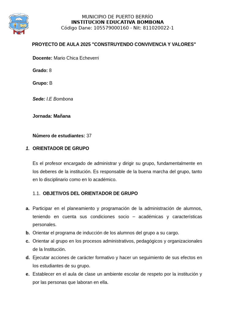 Proyecto de Aula 2025: Convivencia y Valores | PDF | Evaluación | Salón ...