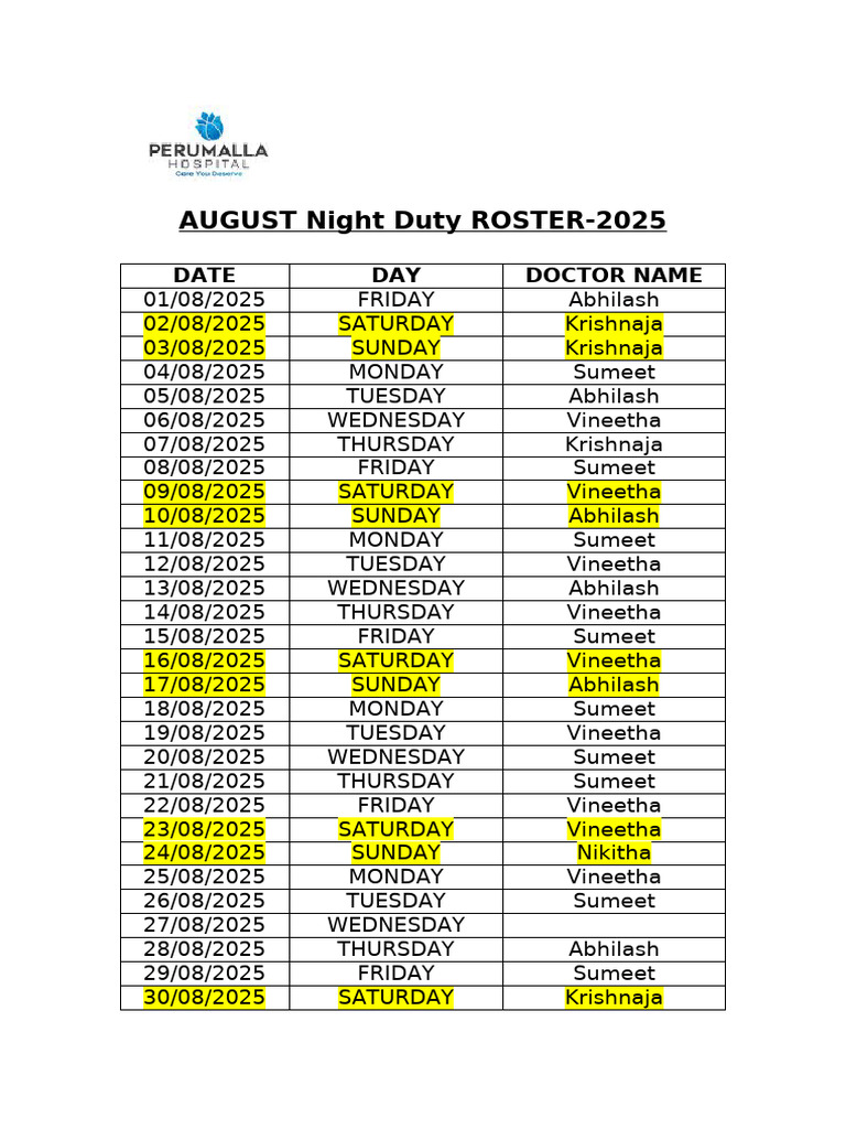 August 2025 Night Duty Roster | PDF
