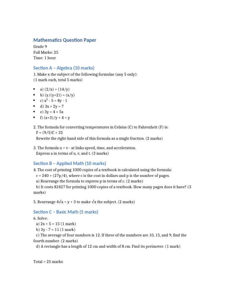 Grade 9 Mathematics Exam Paper | PDF