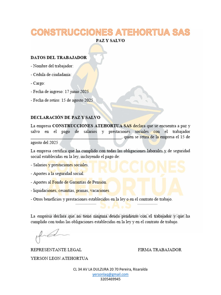 Certificación de Paz y Salvo Laboral | PDF