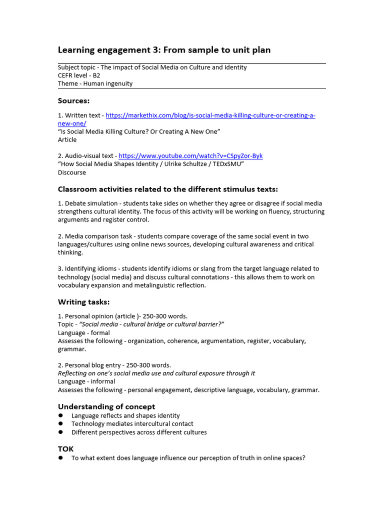 Social Media's Cultural Impact Unit Plan | PDF | Vocabulary | Translations
