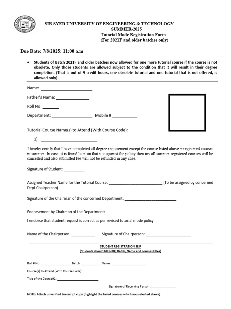 Summer 2025 Tutorial Registration Form | PDF