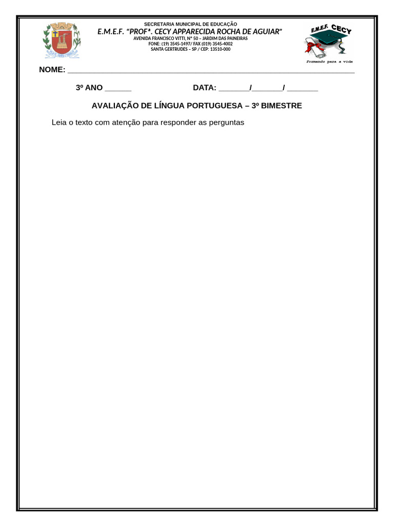 Avaliação de Língua Portuguesa - 3º Ano | PDF