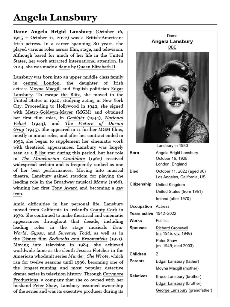 Angela Lansbury: Life and Legacy | PDF
