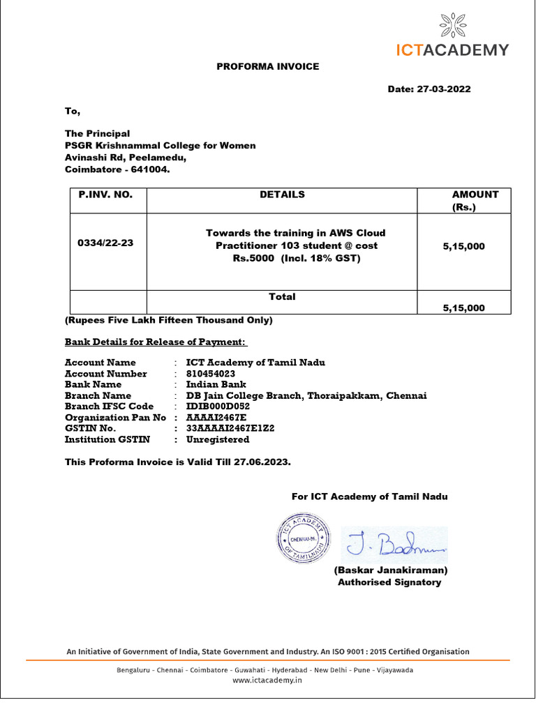 Proforma Invoice for AWS Training | PDF