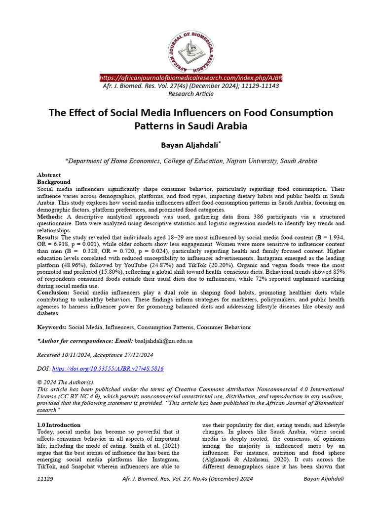 Social Media Influencers' Impact on Food in Saudi Arabia | PDF | Survey ...