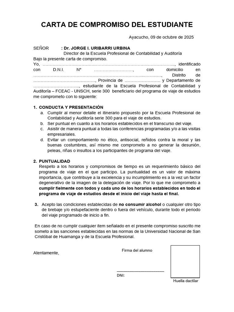 Carta de Compromiso Del Estudiante para El Viaje de Estudios | PDF