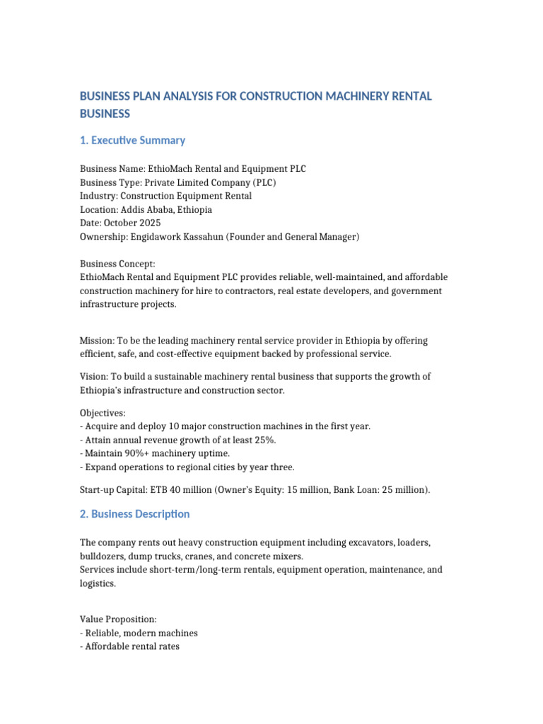 Construction Machinery Rental Business Plan | PDF | Heavy Equipment ...
