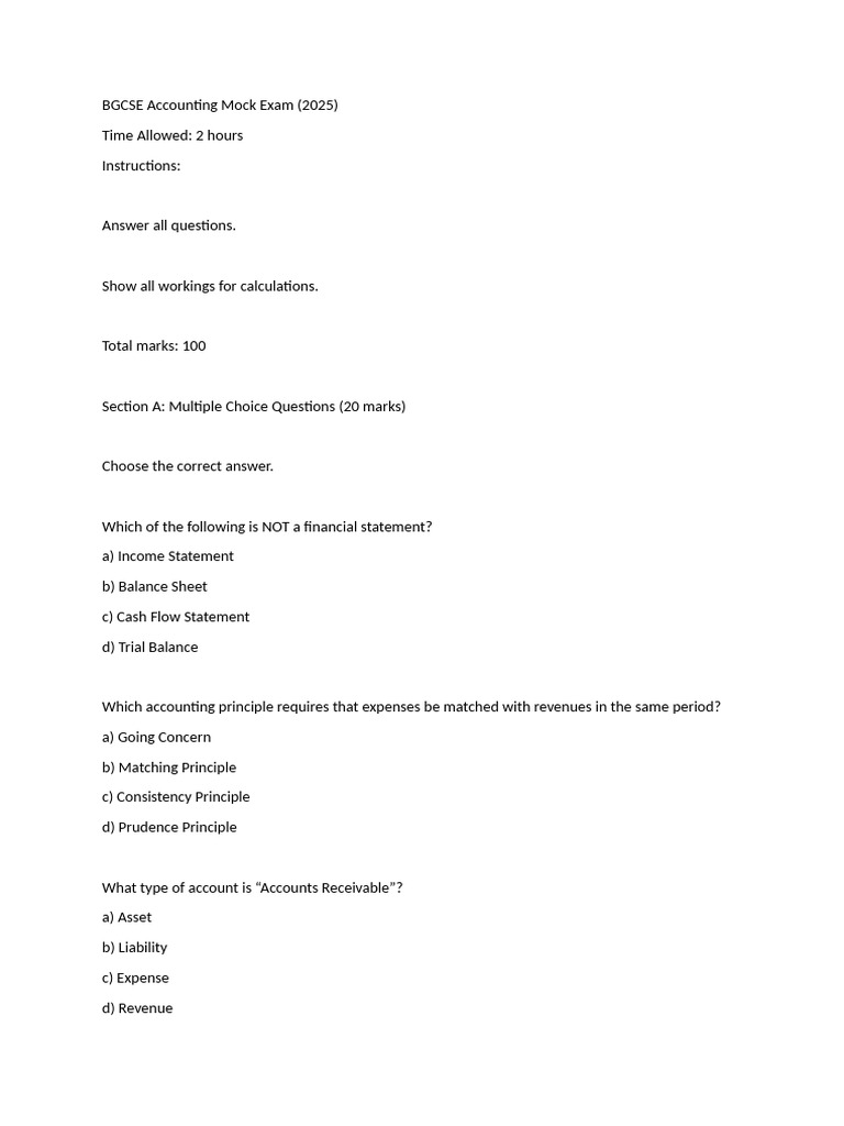 BGCSE Accounting Mock Exam 2025 | PDF | Debits And Credits | Expense