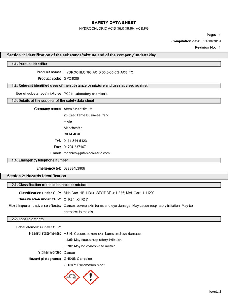 Hydrochloric Acid Safety Data Sheet | PDF | Waste Management | Firefighter