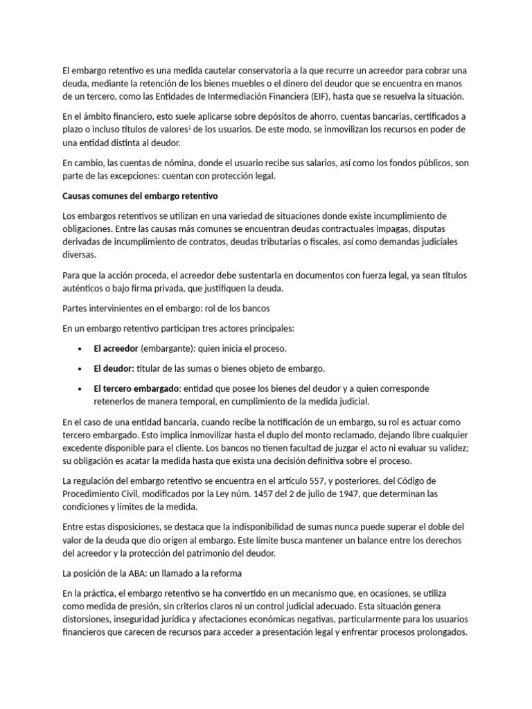 Embargo Retentivo: Proceso y Regulación | PDF | Bancos | Deuda