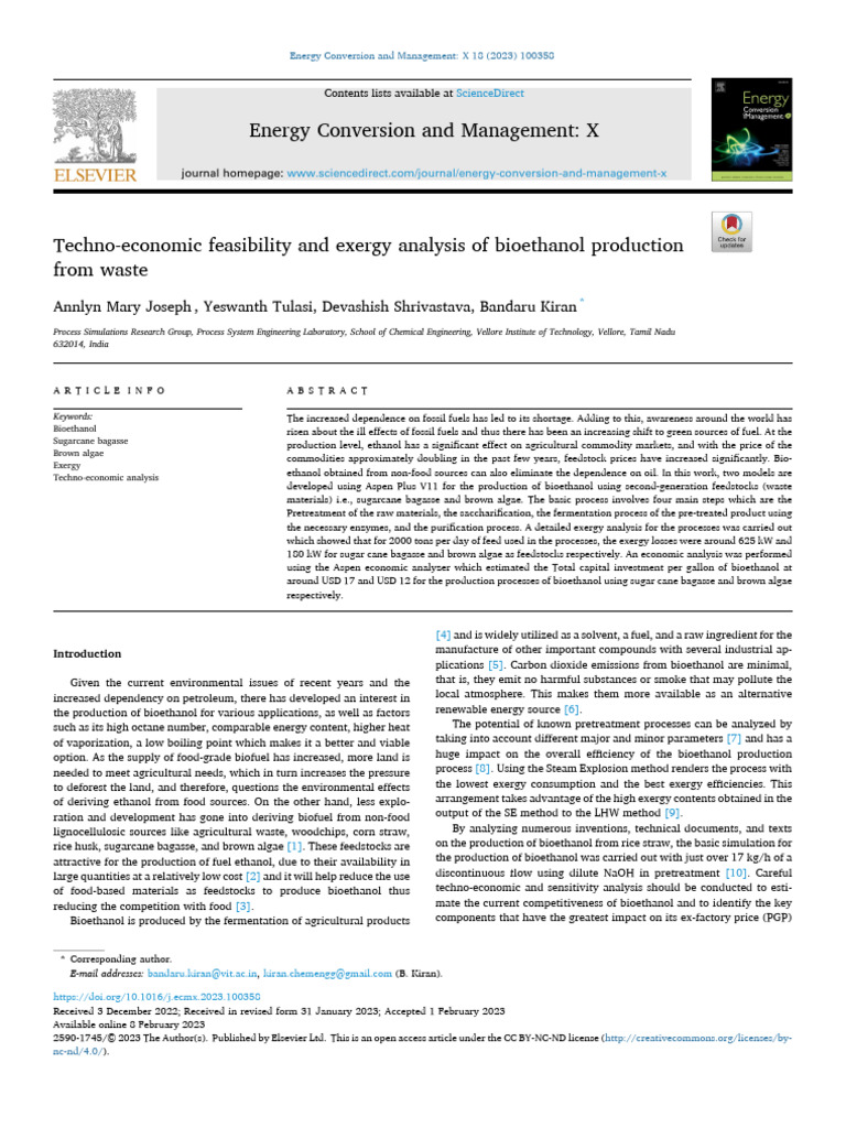 Techno-Economic Feasibility and Exergy Analysis of Bioethanol ...