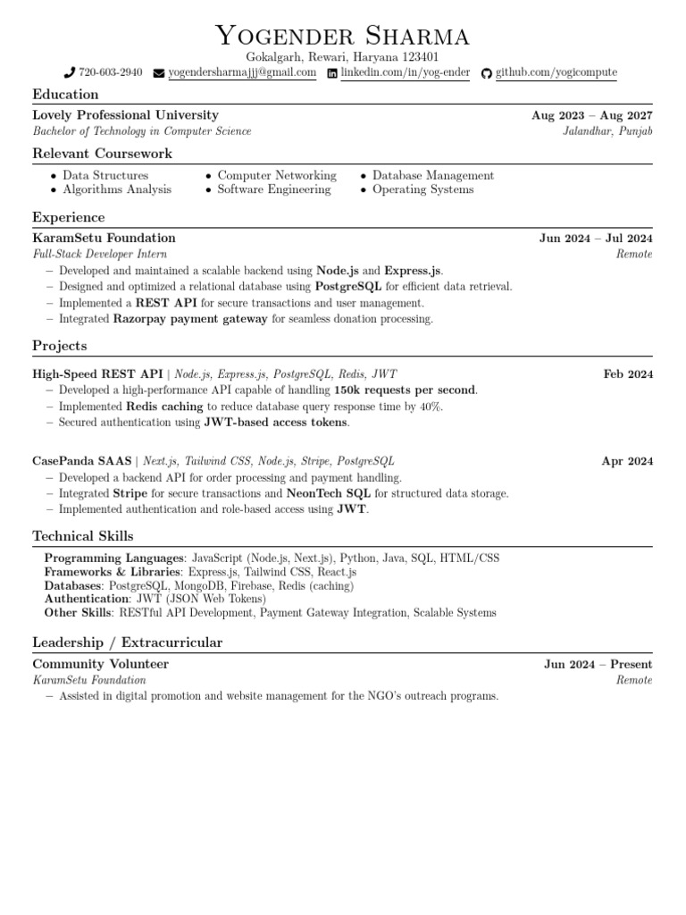 Yogender Sharma: Full-Stack Developer Resume | PDF | Postgre Sql ...