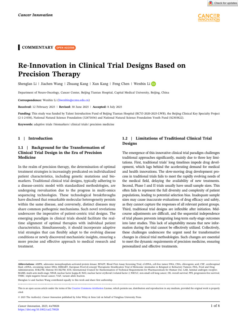 Cancer Innovation - 2025 - Li - Re Innovation in Clinical Trial Designs ...