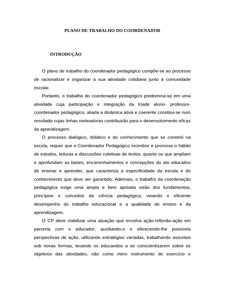 Plano de Trabalho do Coordenador Pedagógico | PDF | Pedagogia | Aprendizado