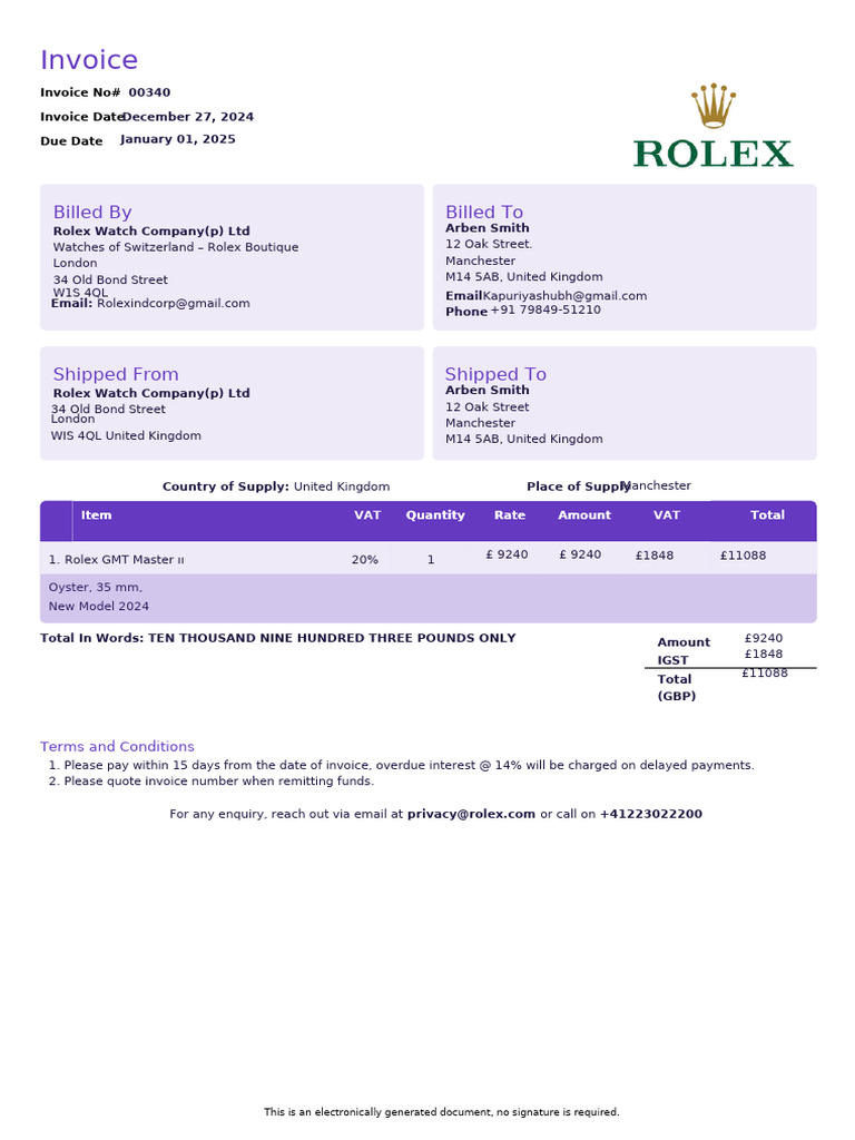 Rolex Invoice #00340 - December 2024 | PDF | Invoice | Watch
