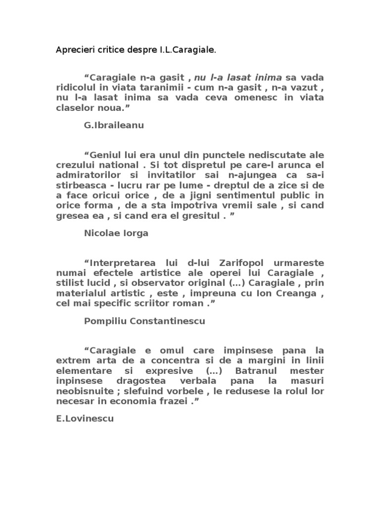Aprecieri critice despre I.L.Caragiale