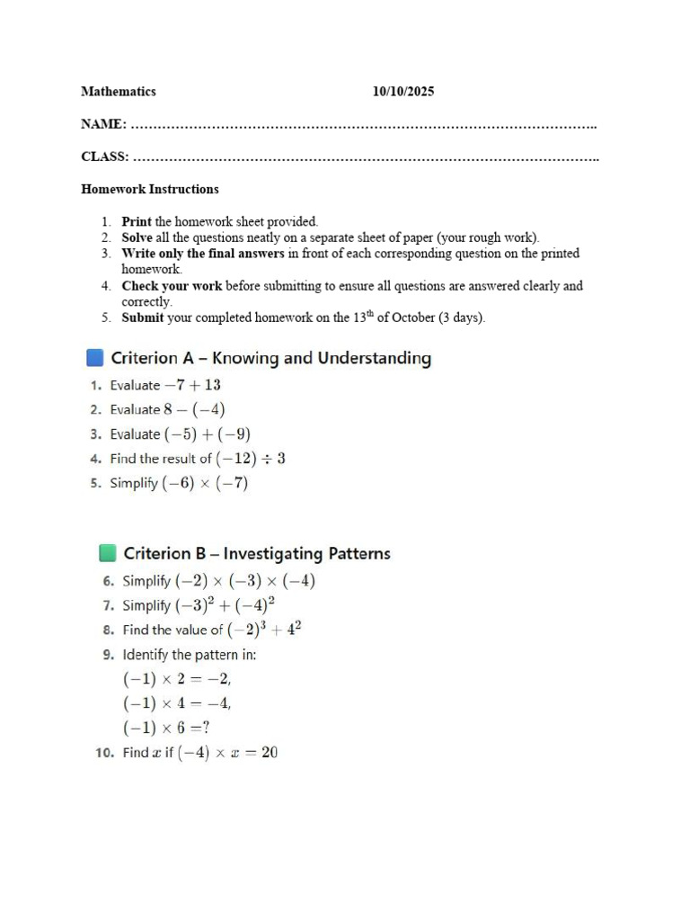 Mathematics Homework Instructions | PDF