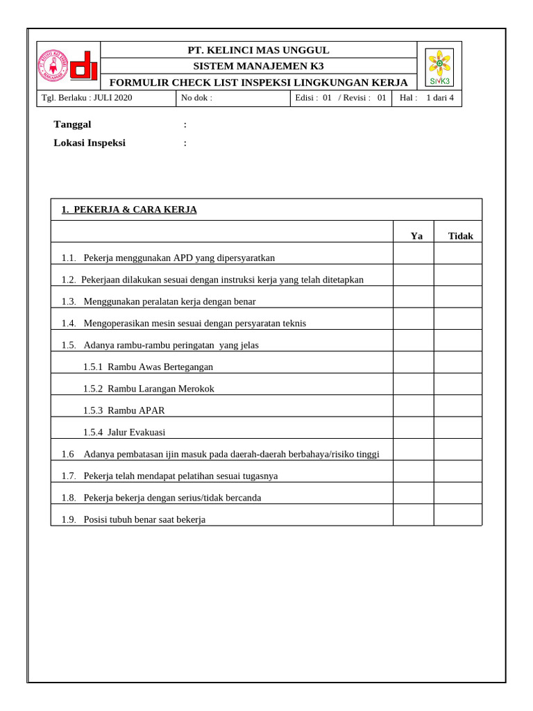 Checklist K3 untuk Inspeksi Lingkungan Kerja | PDF