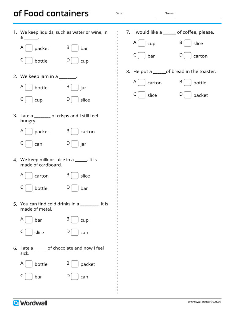 Food Containers Vocabulary Exercise | PDF
