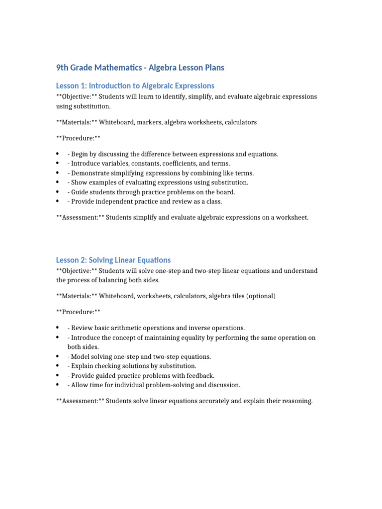 9th Grade Algebra Lesson Plans | PDF | Algebra | Equations