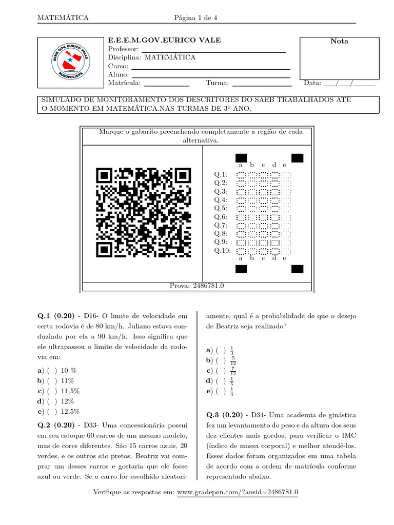 Simulado SAEB 2025: Matemática 3º Ano | PDF | Polítopo | Geometria convexa