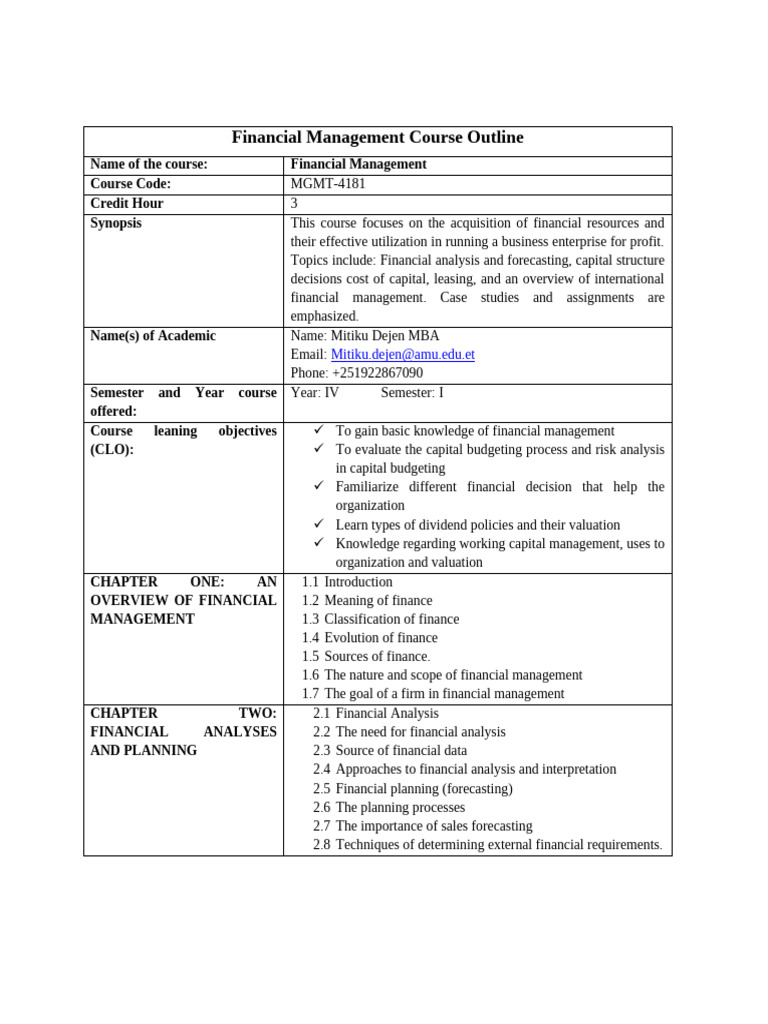 Financial Management Course Outline | PDF | Valuation (Finance) | Cost ...