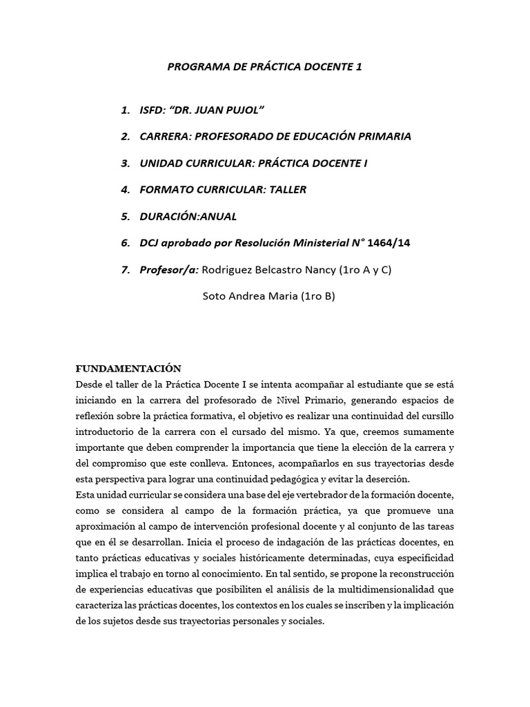Práctica Docente I: Formación y Métodos | PDF | Maestros | Institución