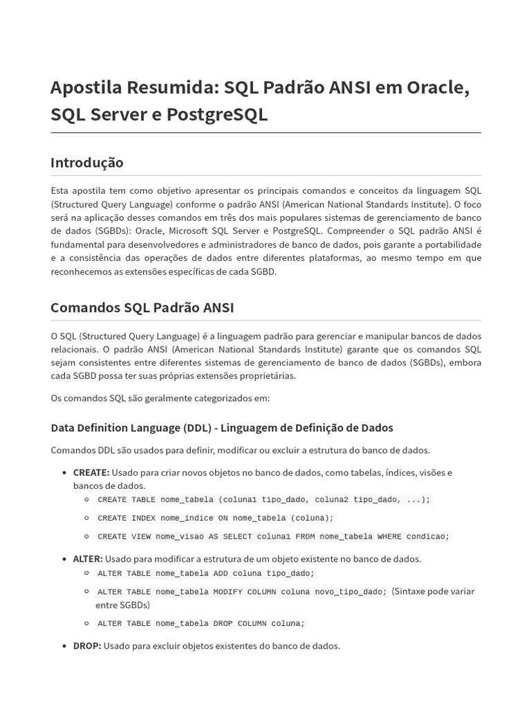 SQL Padrão ANSI em SGBDs Populares | PDF | SQL | Bancos de dados