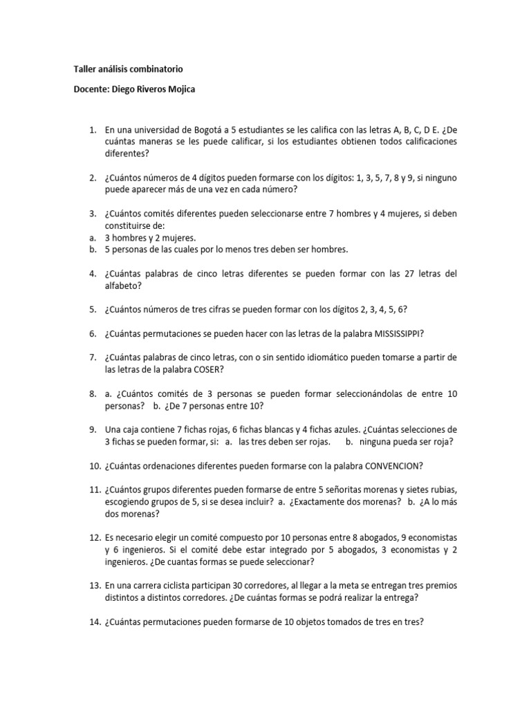 Ejercicios de Análisis Combinatorio | PDF | Probabilidad
