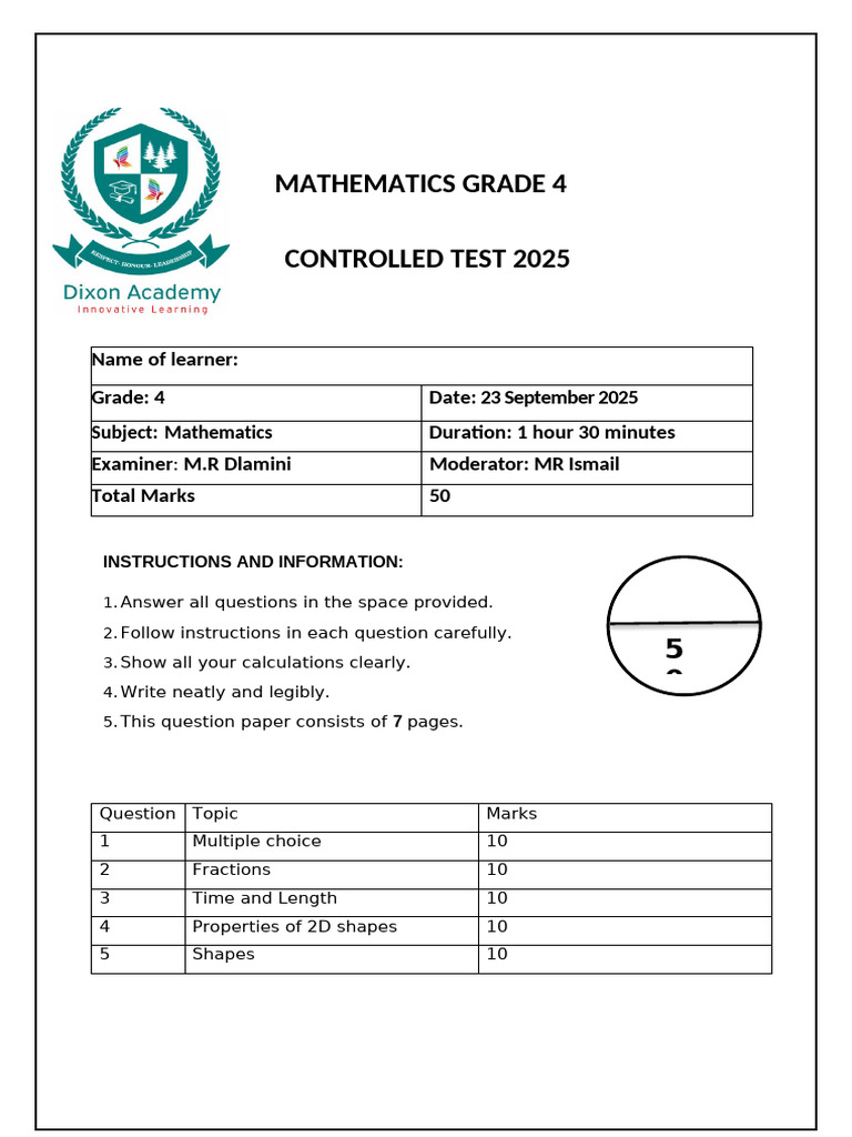 Grade 4 Mathematics Test 2025 | PDF | Shape | Geometry
