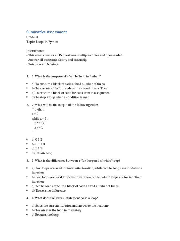 Grade 8 Python Loops Assessment | PDF | Computer Programming