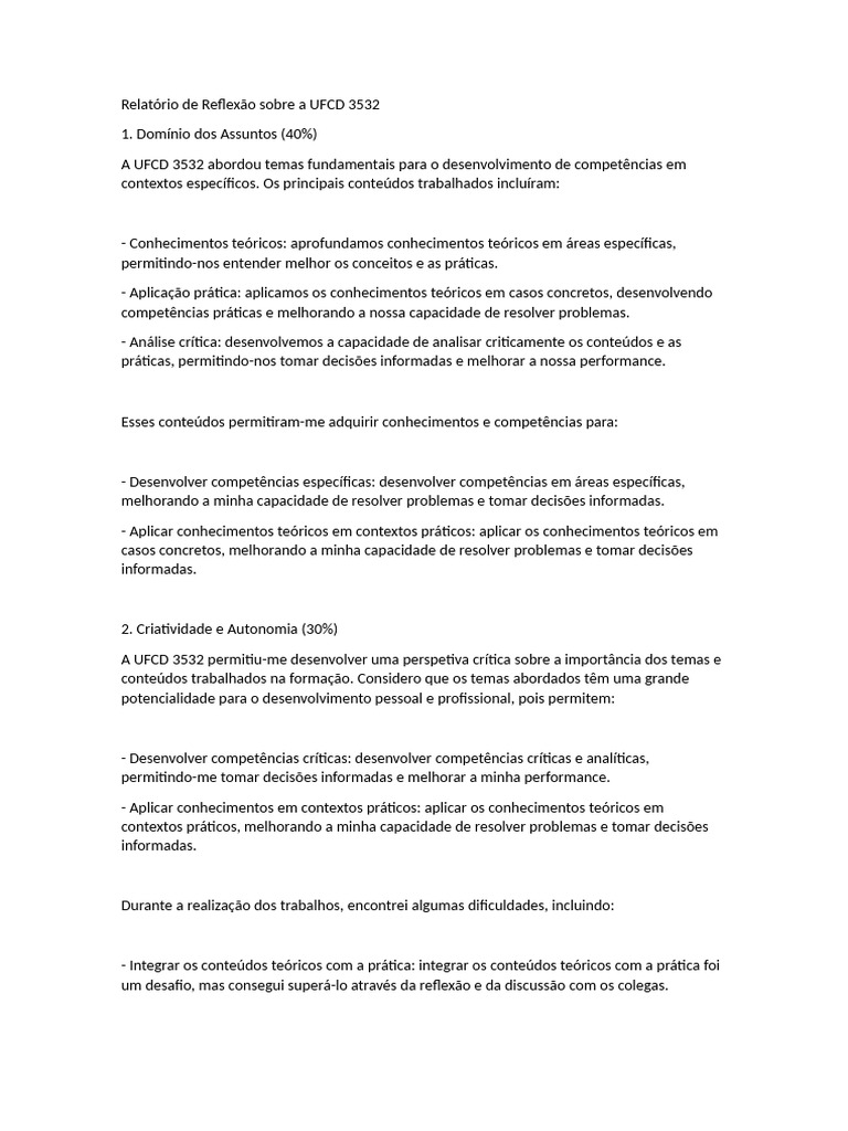 Reflexão sobre a UFCD 3532: Aprendizados e Aplicações | PDF