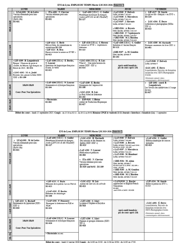 Emploi du temps Master LM 2025-2026 | PDF | Enseignement des Arts ...