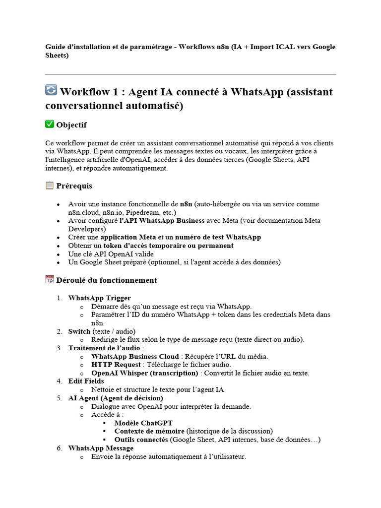 Workflows n8n : IA WhatsApp & Import ICAL | PDF | Workflow ...
