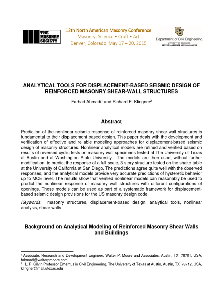 Seismic Design of Masonry Shear Walls | PDF | Bending | Strength Of ...