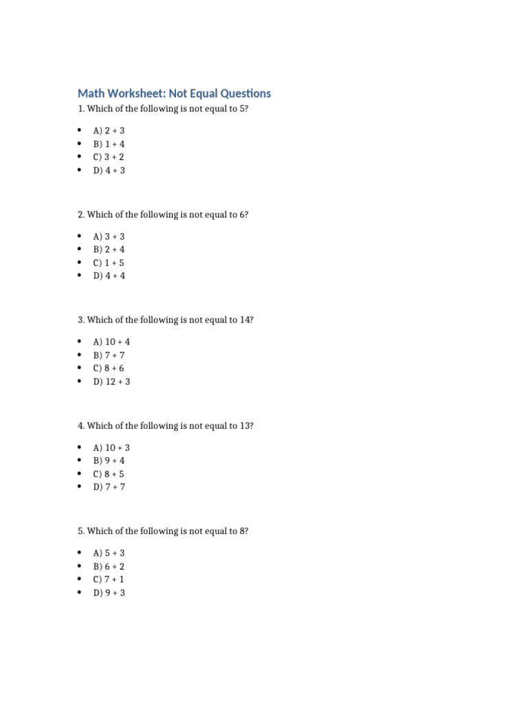 Class 1 Not Equal Math Worksheet | PDF