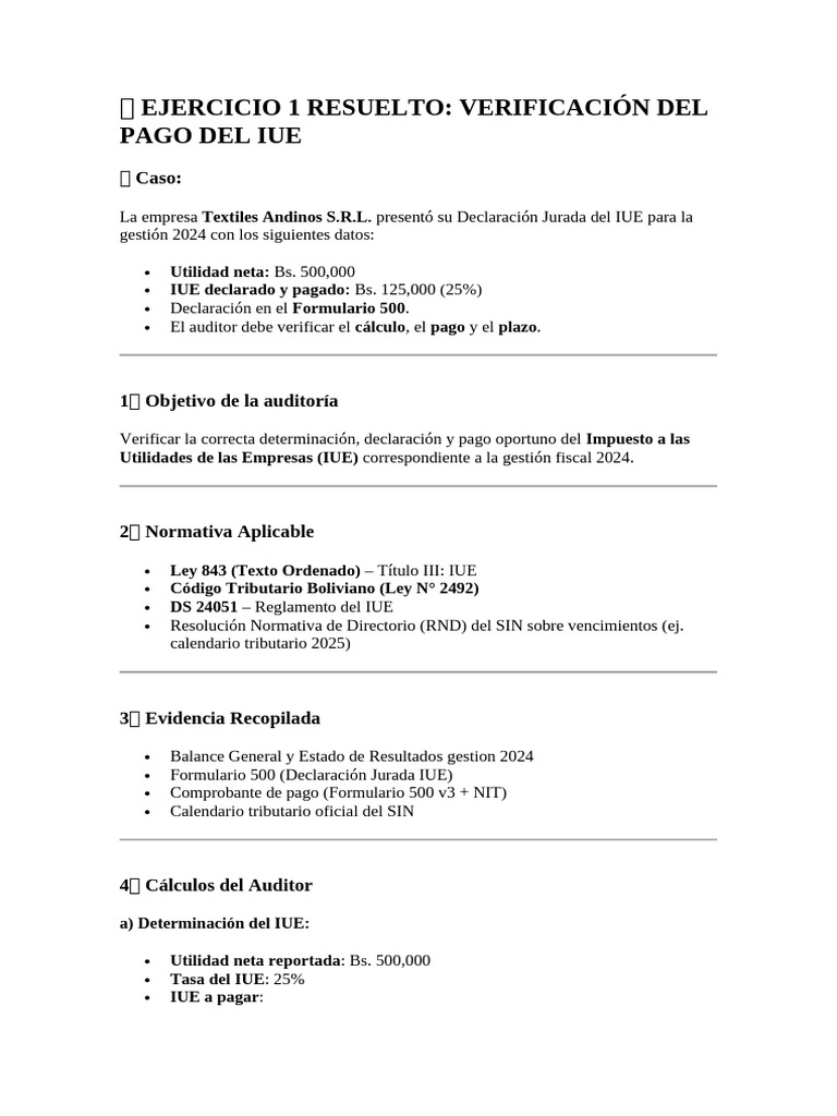 Auditoría IUE, IVA y IT: Ejercicios Resueltos | PDF | Impuesto al valor ...