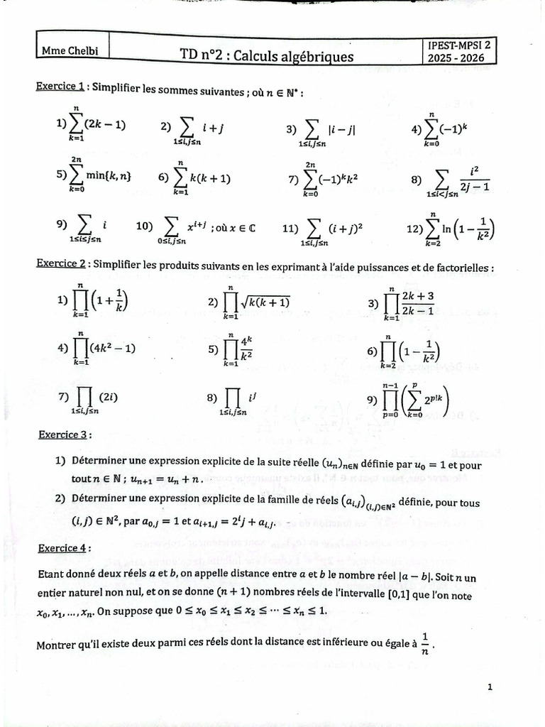 TD n2 Calcul Algébrique 2025 Mme Chelbi | PDF