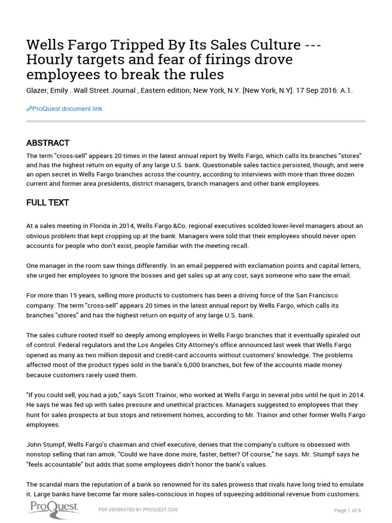 Wells Fargo's Sales Culture Scandal PDF Wells Fargo Banks