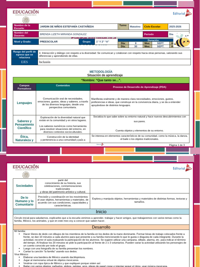Planeación Didáctica Preescolar 2025-2026 | PDF | Educación de la ...