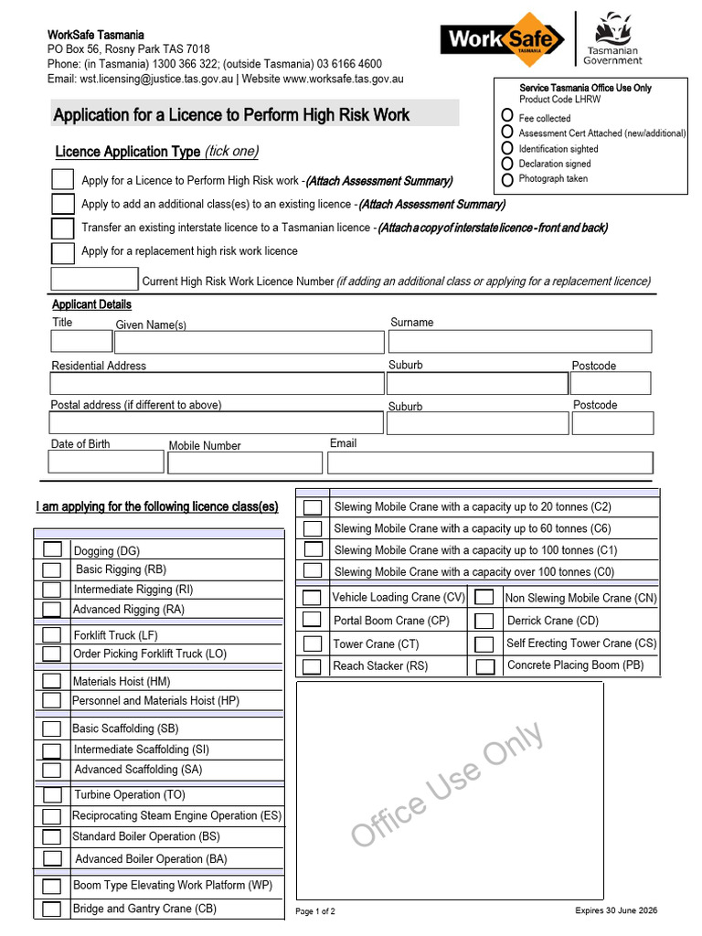 High Risk Work Licence Application Tasmania | PDF | License | Crane ...