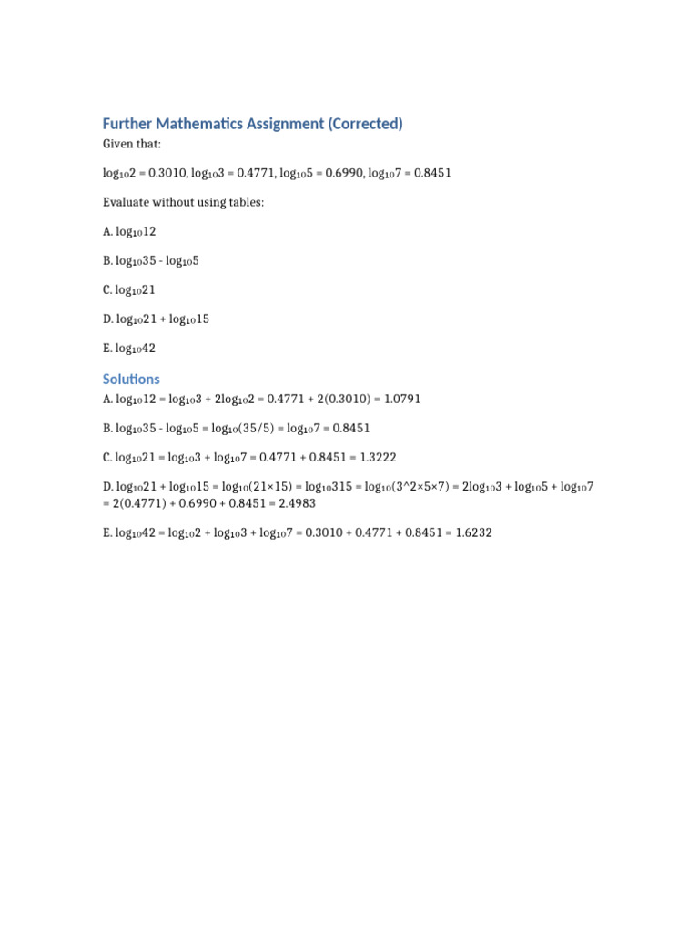 Further Mathematics Logarithm Solutions | PDF