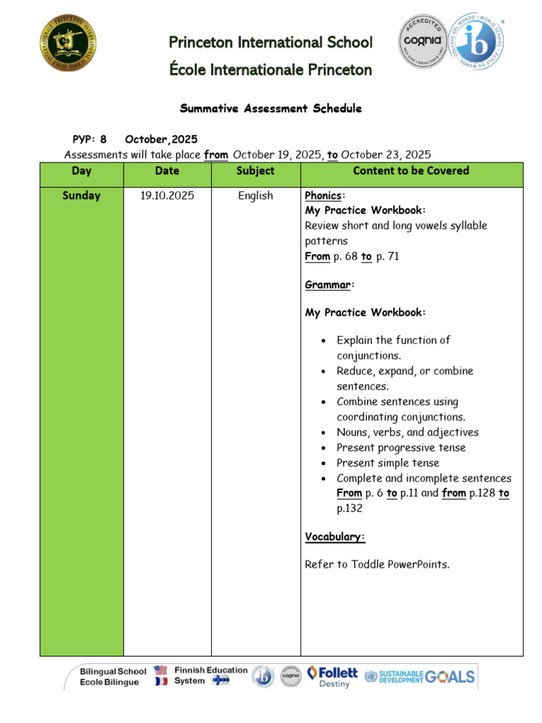 PYP8 October Summative Assessment Schedule & Material Covered | PDF