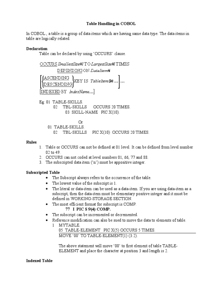 Table handling in cobol by raj pdf database index array data