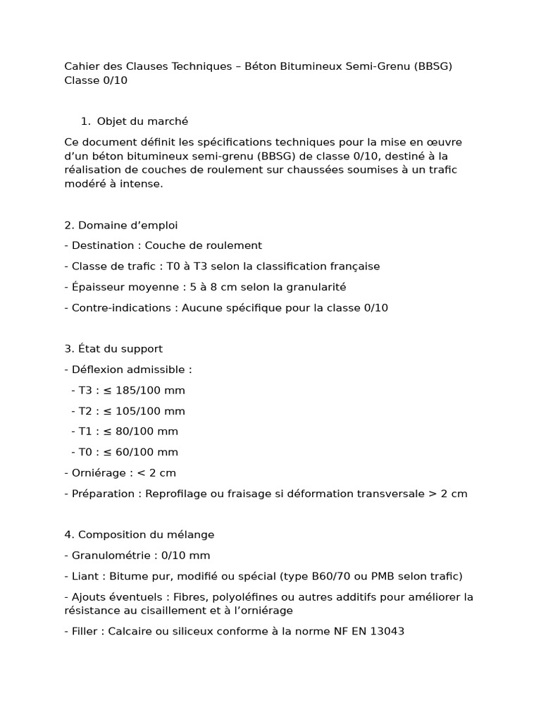Cahier des Clauses Techniques BBSG 0/10 | PDF