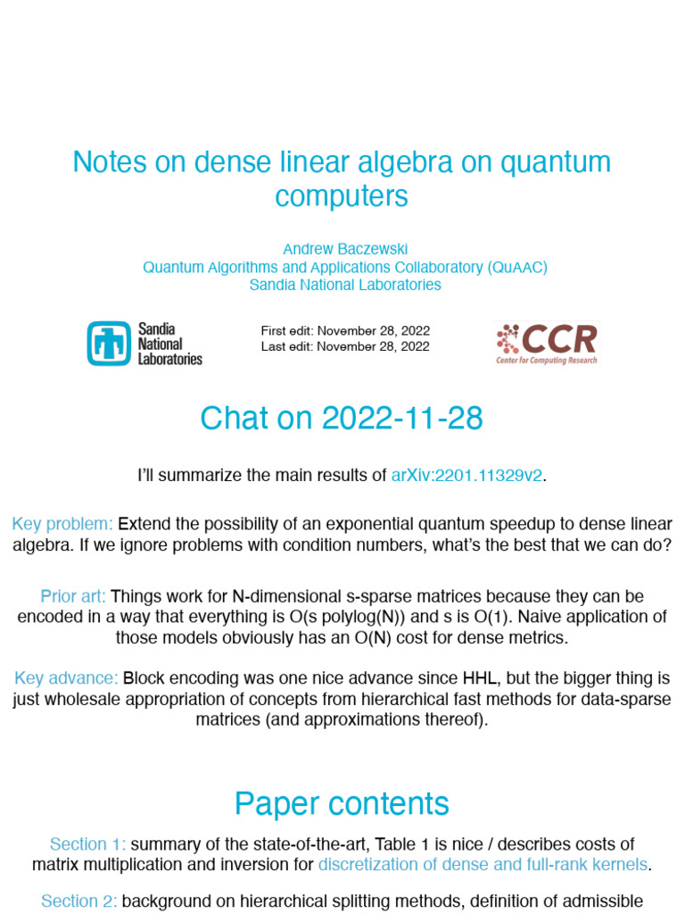Dense Linear Algebra on Quantum Computers | PDF | Matrix (Mathematics ...