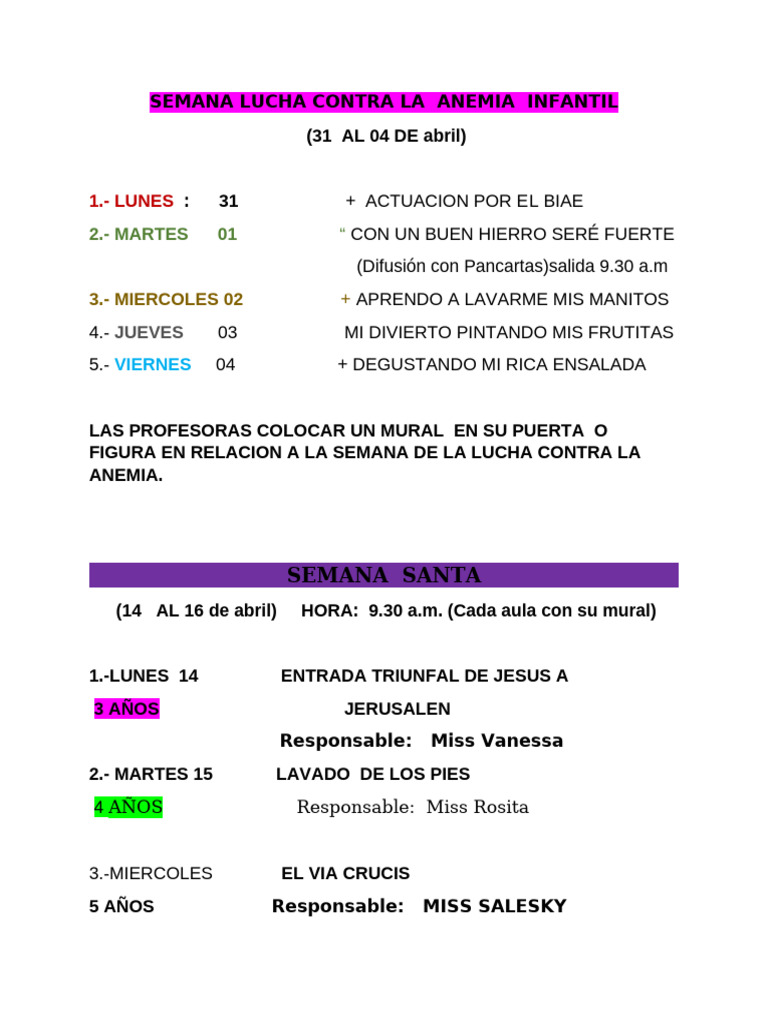 Semana Lucha Contra La Anemia Infantil-Semana Santa | PDF