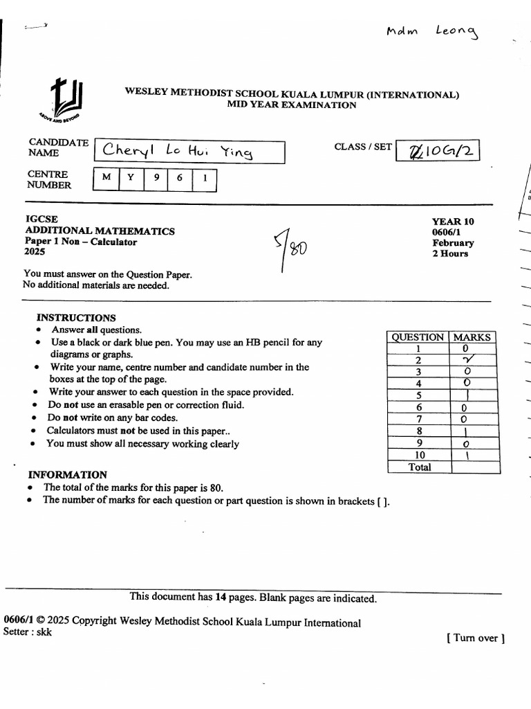 Wesley Add Math Paper 1 Yr 10 2025 | PDF
